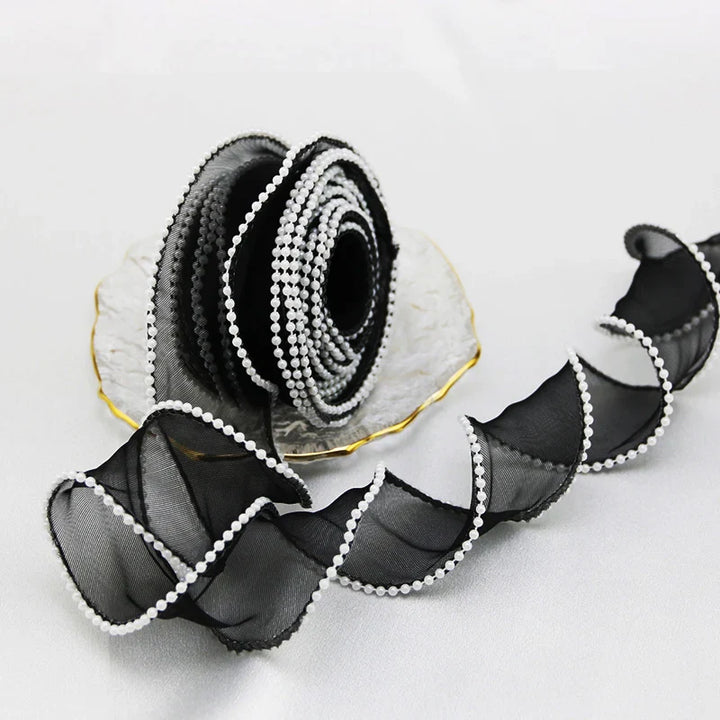 Rynx | (5 Yards/Roll) 4 cm Pearl Edge Organza Ribbon Wave Silk Lace Children Hair Accessories Lolita Handmade Decorative Gift Box Wedding
