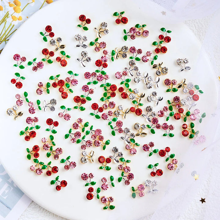 Rynx | 20 pieces/bag 3D Cherry Nail Charms Red & Pink Cherry Nail Rhinestones Nail Gemstones Nail Glitter Stud Fruit Nail Slices for Nail Jewelry