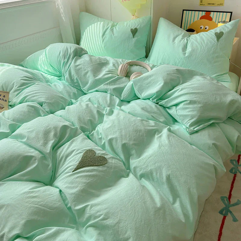 Rynx | Sweet Blue Heart Bedding Set in Nordic Embroidery Bed Sheet Set of Four Pieces for Home Luxurious Duvet Cover Set for Girls
