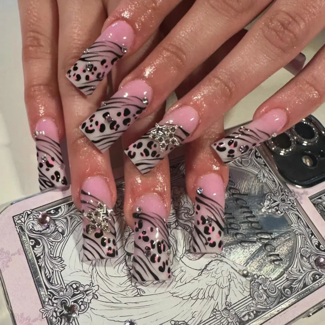 Rynx | Brown Leopard Gradient French Nail Art Red Bow Pearls False Nails Removable Ready-Made False Nails To Stick With Glue