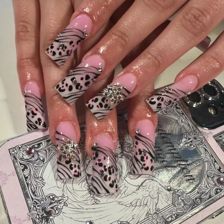 Rynx | Brown Leopard Gradient French Nail Art Red Bow Pearls False Nails Removable Ready-Made False Nails To Stick With Glue