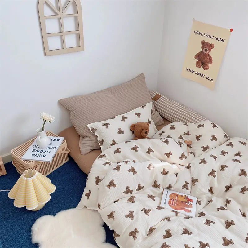 Rynx | 3PCS Cotton Muslin Bed Linen Set With Teddy Bear Print High Quality Muslin Bed Linen Twin Size