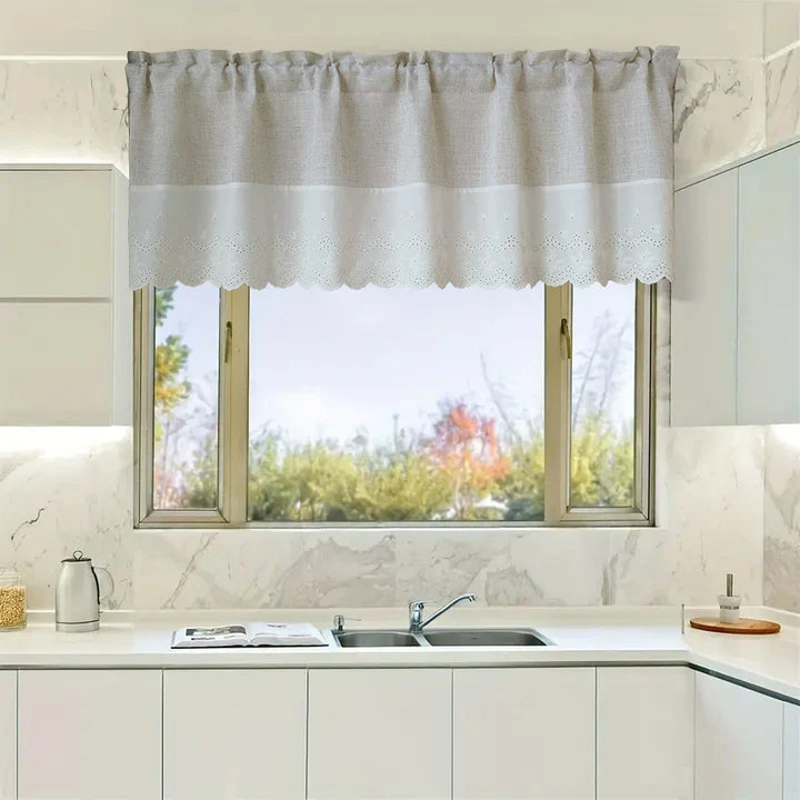 Rynx | Beige Splicing Short Curtains Valance For Kitchen Café Barrier Natural Linen Mixed Semi-Transparent Small Half Curtain Voile