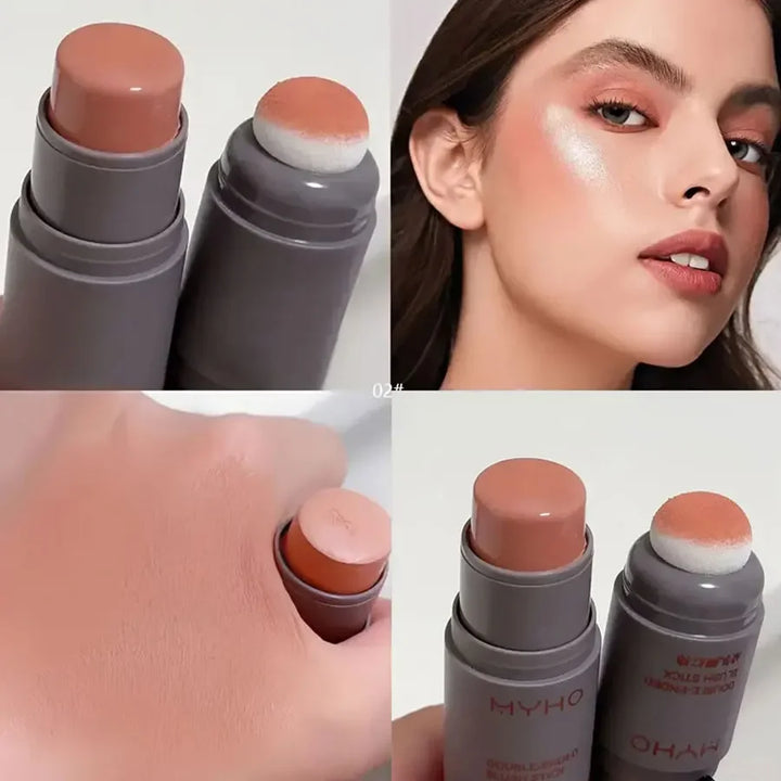Rynx | Double-Head Sponge Monochrome Powder Blusher Lip and Cheek Dual-Use Durable Matte Natural Blush Powder Blusher Stick Light Natural