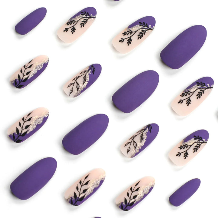 Rynx | Frosted Black Leaf Gold Glitter Powder Long Round Artificial Nails Purple Removable Ready to Stick Artificial Nails with Glue