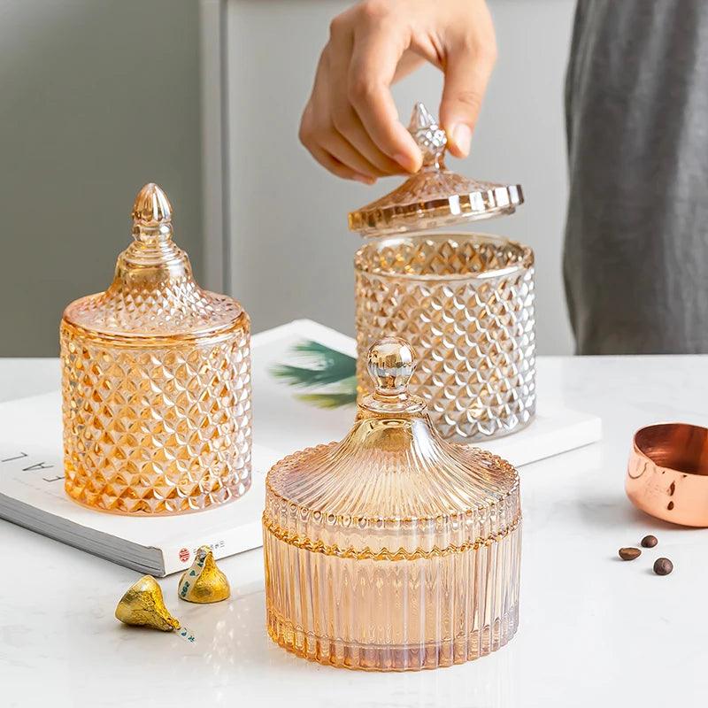 Lisslune | Amber Radiance Crystal Glass Storage Jar with Lid for Jewelry and Event Decor
