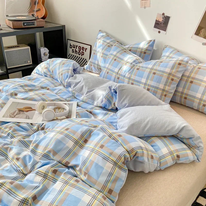 Rynx Japanese Style Check Queen Duvet Cover Set 1/3 Pieces Soft Washed Duvet and Pillowcase or just Duvet Covers Skin-Friendly
