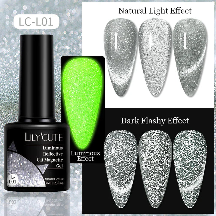 Rynx |7ML Snowlight Cat Magnetic Gel Nail Polish Grow-In-Dark Reflection Glitter Laser Semi-Permanent Soak Off UV Gel Nail Polish
