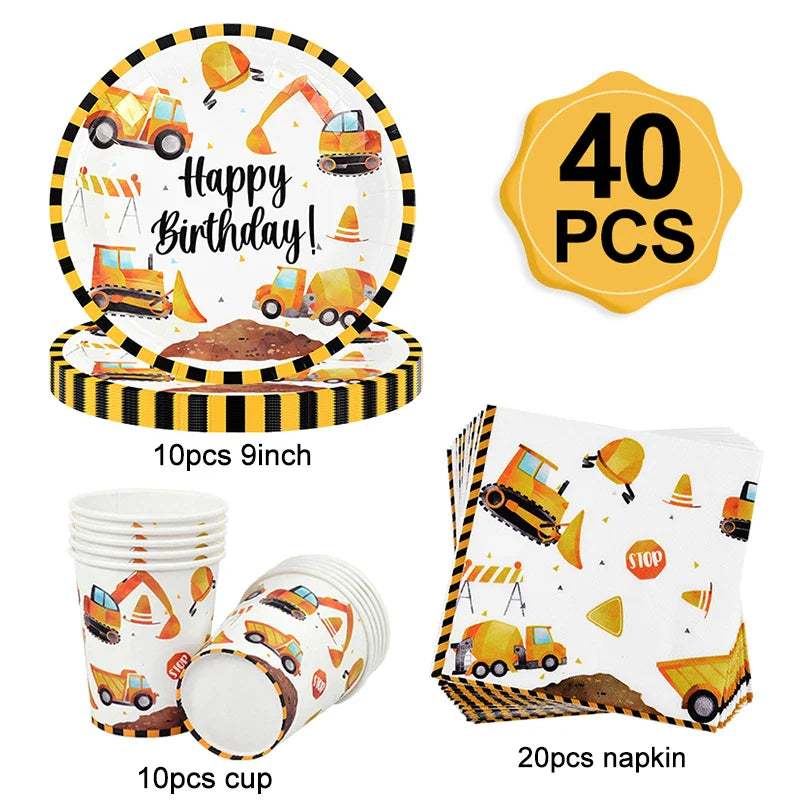 Rynx Construction Party Disposable Tableware Kids Boys Engineering Vehicle Theme Birthday Party Decorations Truck Balloon Supplies