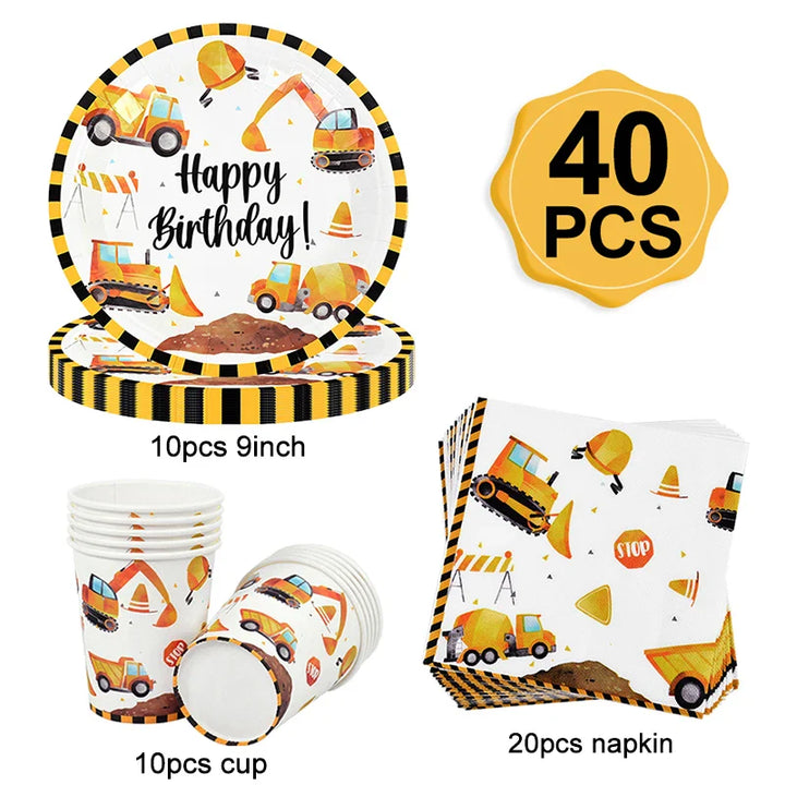 Rynx Construction Party Disposable Tableware Kids Boys Engineering Vehicle Theme Birthday Party Decorations Truck Balloon Supplies