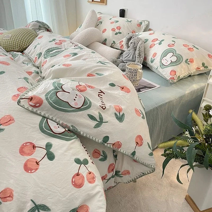 Rynx | Bedding set INS Girls Cherry Soft washed cotton bed sheet Queen King size duvet set Comforter set pillowcase bedding