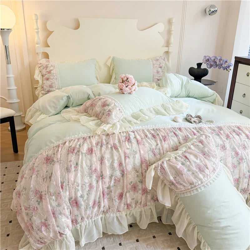 Rynx | Flower Lace Ruffle Princess Wedding Bedding Set Full Queen King Duvet Cover Bed Skirt/Bed Sheet/Fitted Sheet Pillowcases 4 Pieces
