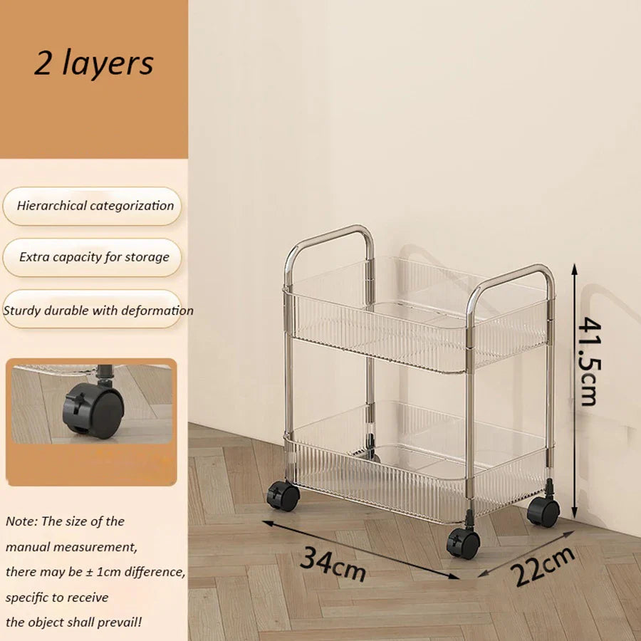 Rynx | Light Luxury Storage Trolley 2/3/4 Layers Transparent Acrylic Rolling Cart With Removable Hanging Goods Snacks Book Shelf