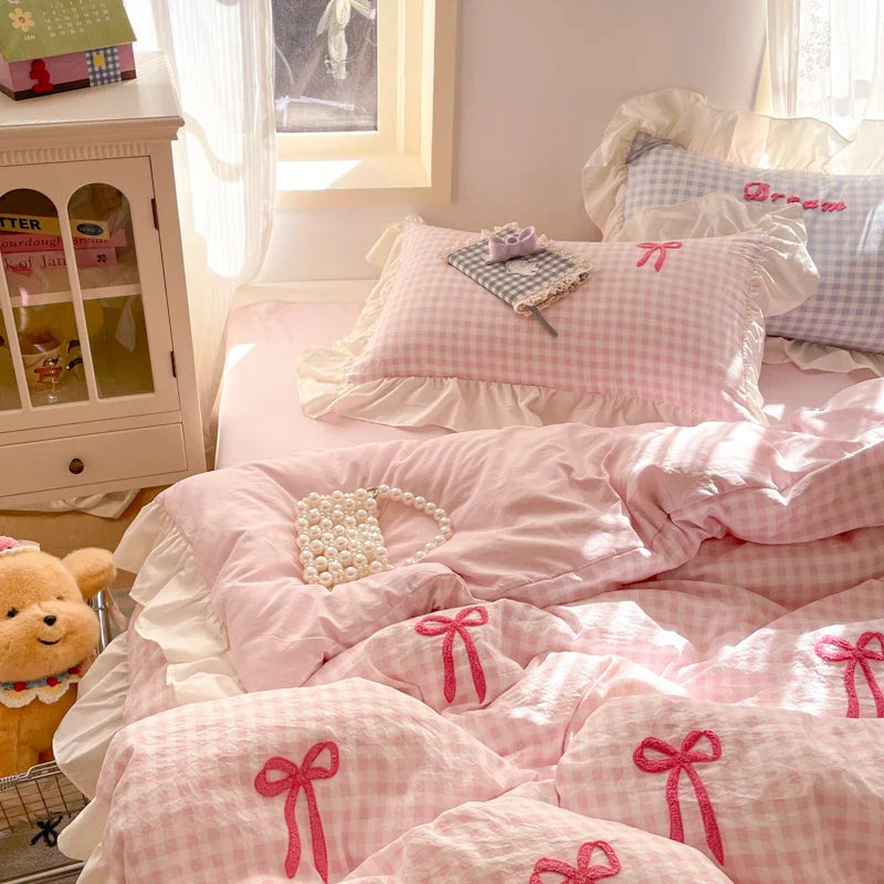 Lisslune | Prinzessinnen Bettwäsche Set Spitze Schleife Rosa Karomuster 4-teilig Bettdecke Bezug Blatt und Kissenbezug Soft Romantisch Für Mädchen