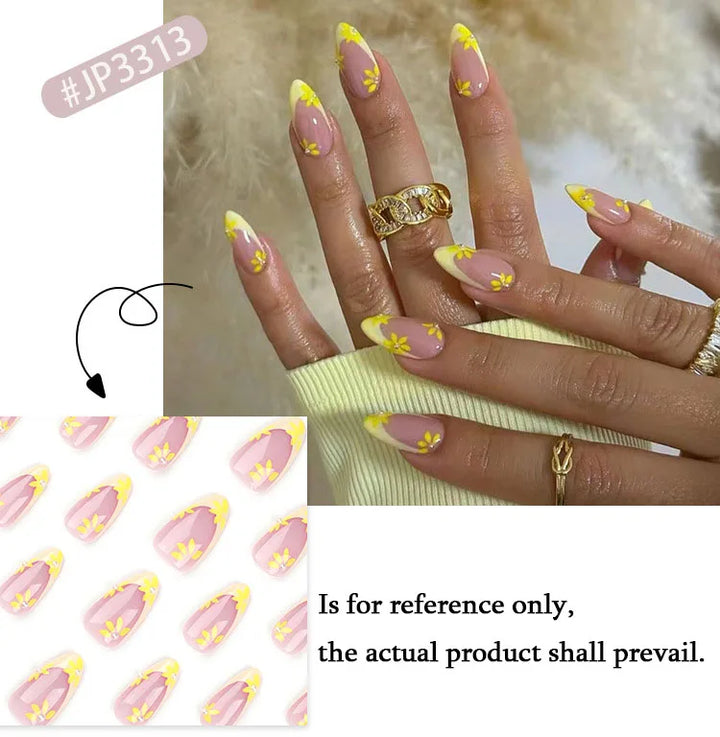Rynx | Yellow Small Flower Pearl Cute Almond Shape False Nails Simple French Removable Ready Artificial Nails for Stick-On with Glue