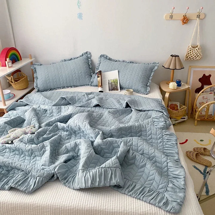 Rynx Ruffled Quilted Breathable Summer Blanket Set Princess Climate Blanket Soft Washable Thin Comfort Blanket Set or Single Blanket