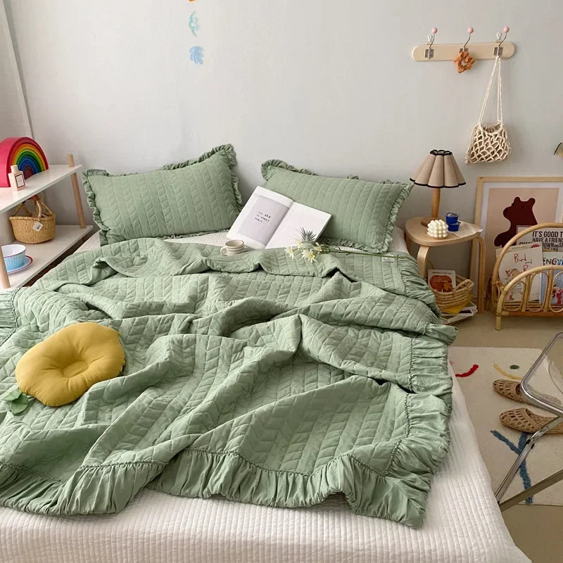 Rynx Ruffled Quilted Breathable Summer Blanket Set Princess Climate Blanket Soft Washable Thin Comfort Blanket Set or Single Blanket