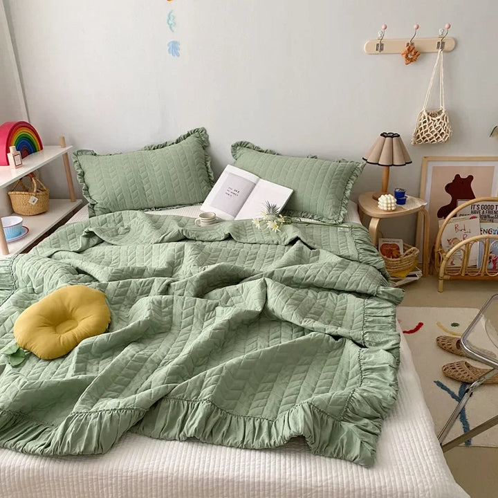 Rynx Ruffled Quilted Breathable Summer Blanket Set Princess Climate Blanket Soft Washable Thin Comfort Blanket Set or Single Blanket