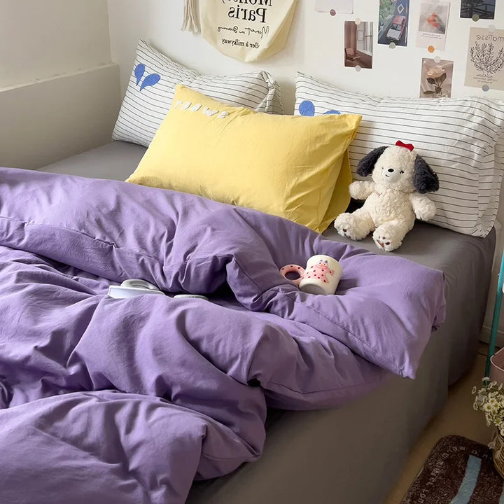 Rynx | INS Purple Bedding Set Girls Soft Washed Cotton Embroidered Sheet Set Queen King Size Duvet Cover Set with Pillowcases