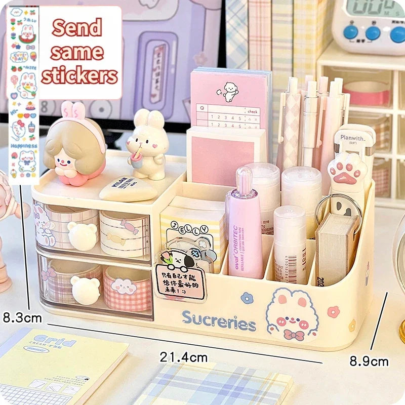 Rynx | Kawaii Desk Organizer Storage Box Cute Bear Handle Drawer Stationery Pen Holder Sticky Notes Tape Storage Box Organizer Shelf