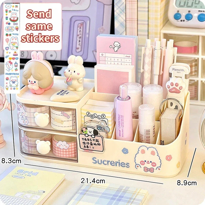 Rynx | Kawaii Desk Organizer Storage Box Cute Bear Handle Drawer Stationery Pen Holder Sticky Notes Tape Storage Box Organizer Shelf