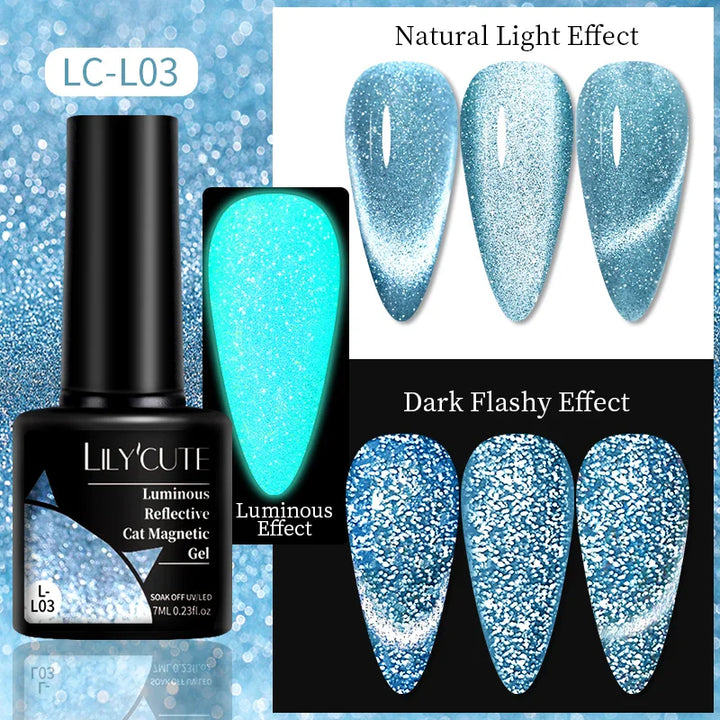 Rynx |7ML Snowlight Cat Magnetic Gel Nail Polish Grow-In-Dark Reflection Glitter Laser Semi-Permanent Soak Off UV Gel Nail Polish