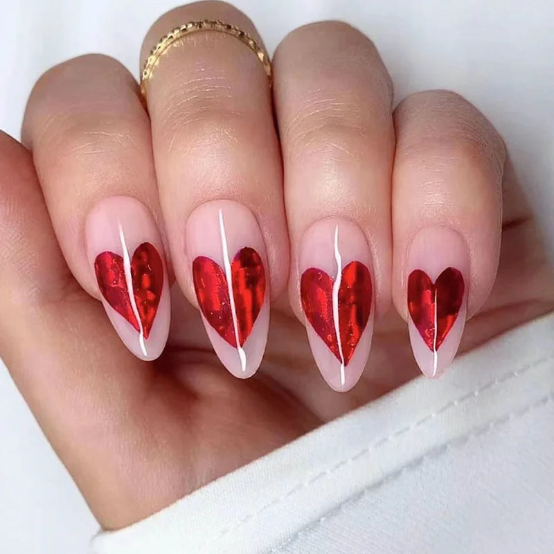 Rynx | Red Love Heart French Sweet Nail Art Nude Pink Artificial Nails Removable Finished Fingernails Valentine's Day Gift Press-on Nails With Glue