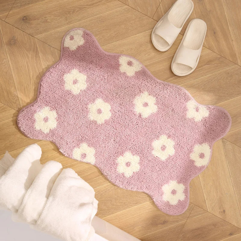 Rynx | Tufting Flower Bathroom Mat Fluffy Floral Rug Flock Bathroom Tub Edge Mat Door Mat Floor Non-Slip Foot Mat Living Room Decor