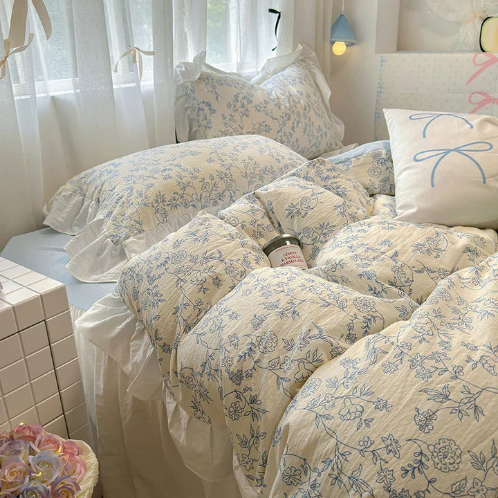 Rynx | Korean Style Flower Bedding Set 2024 New Washed Cotton 4-piece Bed Sheet Set Duvet Cover Set for Girls Bedding Decor Home