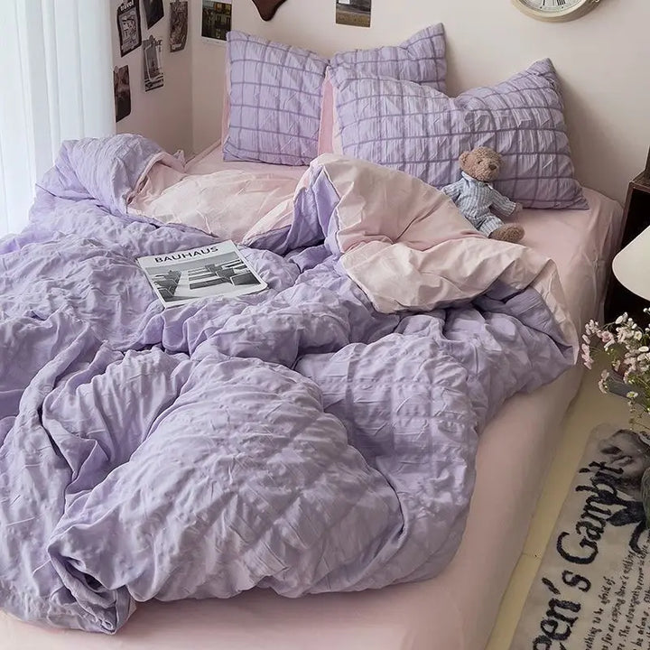 Rynx | Seersucker Princess Girl Bed Linen Set Duvet Cover Korean Four-Piece Washed Cotton Bed Sheet Blanket Set