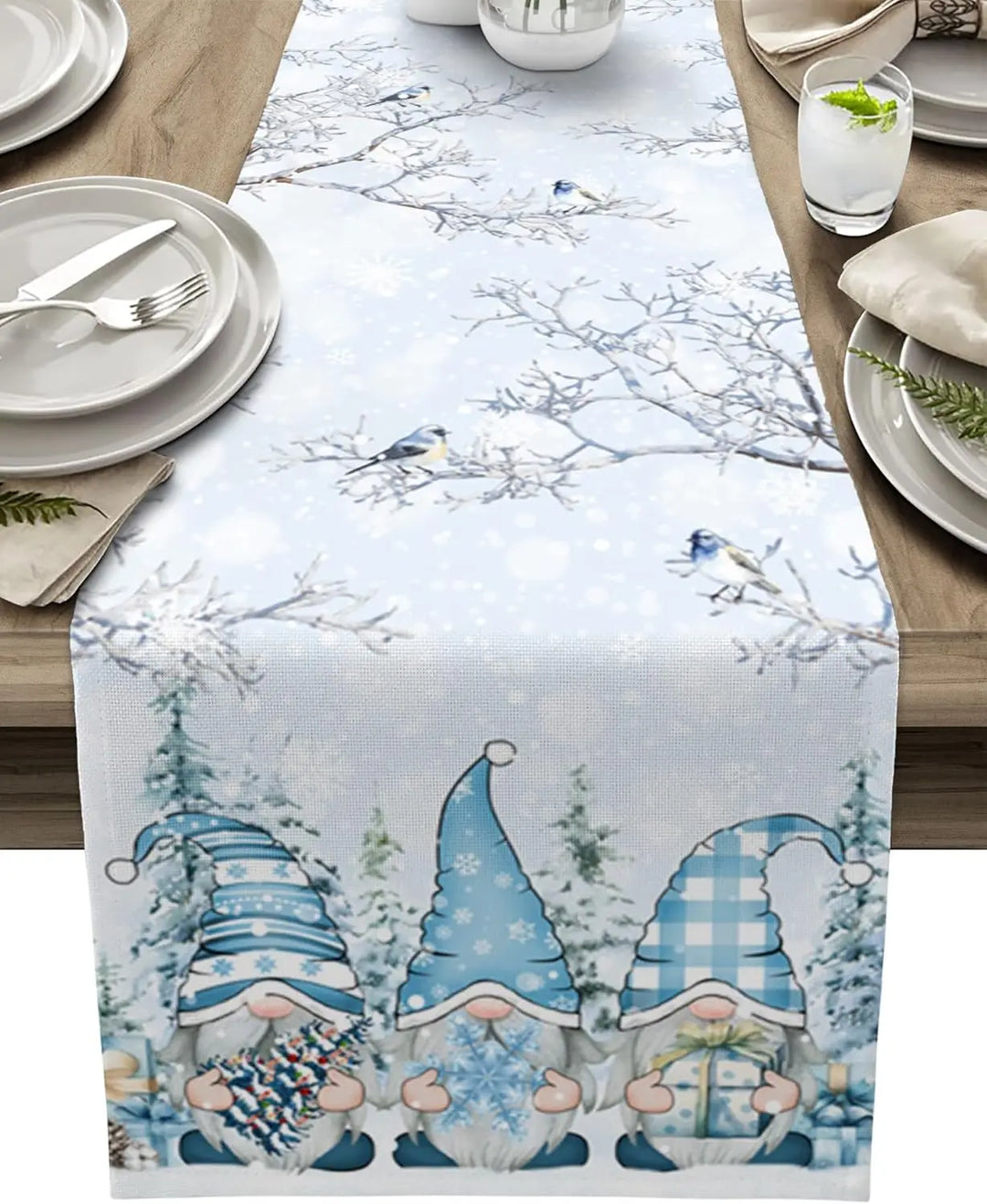 Lisslune | SnowGnome Christmas Table Runner – Luxe Linen Table Runner with Snowflake and Gnome Design