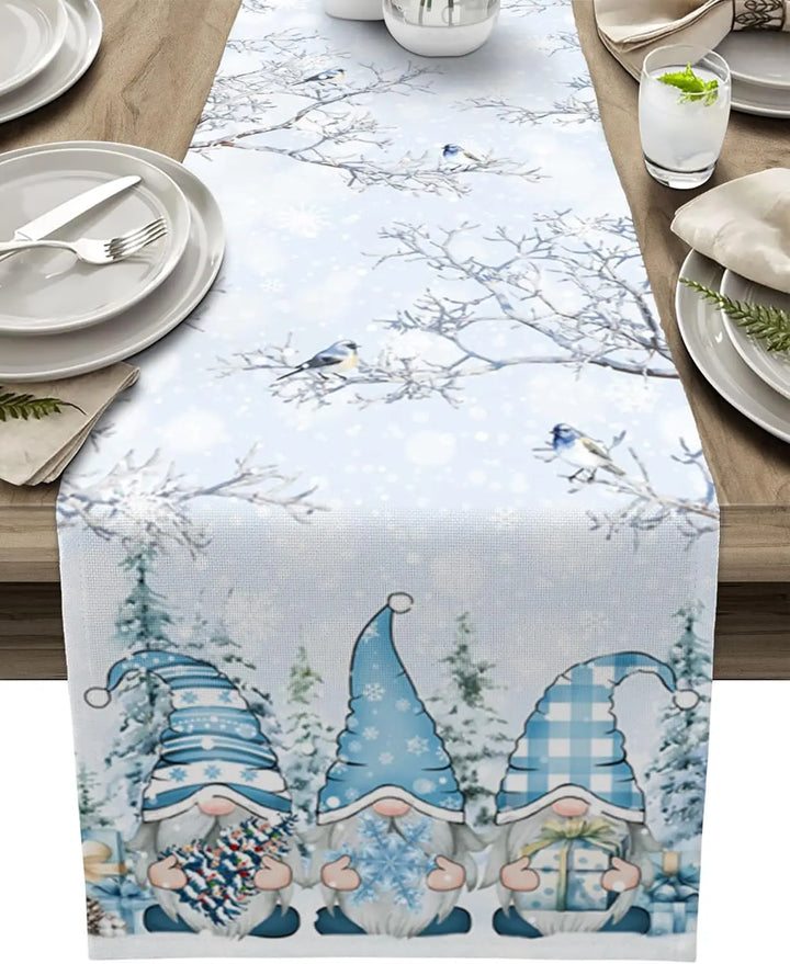 Lisslune | SnowGnome Christmas Table Runner – Luxe Linen Table Runner with Snowflake and Gnome Design