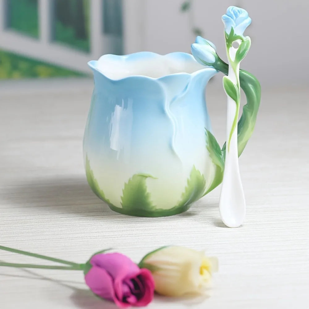 Lisslune | 3D Rose Flower Coffee Mug Ceramic Coffee Mugs Cute Aesthetic Water Cups with Spoon Summer Winter Drinking Utensils Valentine's Day Gifts