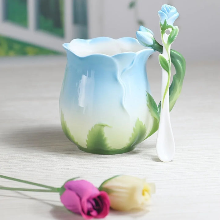 Lisslune | 3D Rose Flower Coffee Mug Ceramic Coffee Mugs Cute Aesthetic Water Cups with Spoon Summer Winter Drinking Utensils Valentine's Day Gifts