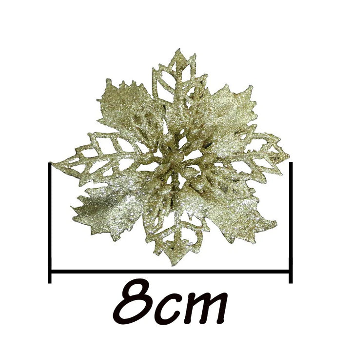 Rynx | (10 pieces) Artificial Christmas Tree Flowers Glitter Decorations Xmas Ornament New Year Gift