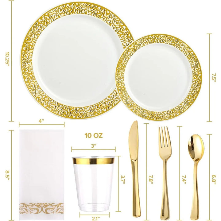 Lisslune | 350pcs Disposable Gold Lace Dinnerware Set for 50 Guests