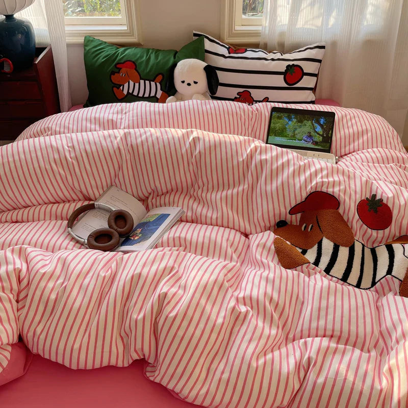 Rynx | Embroidered Running Dog Soft Bedding Set Duvet Cover Bed Linen Bedspread Pillowcases Flat Sheet Comforter Sets for Girls