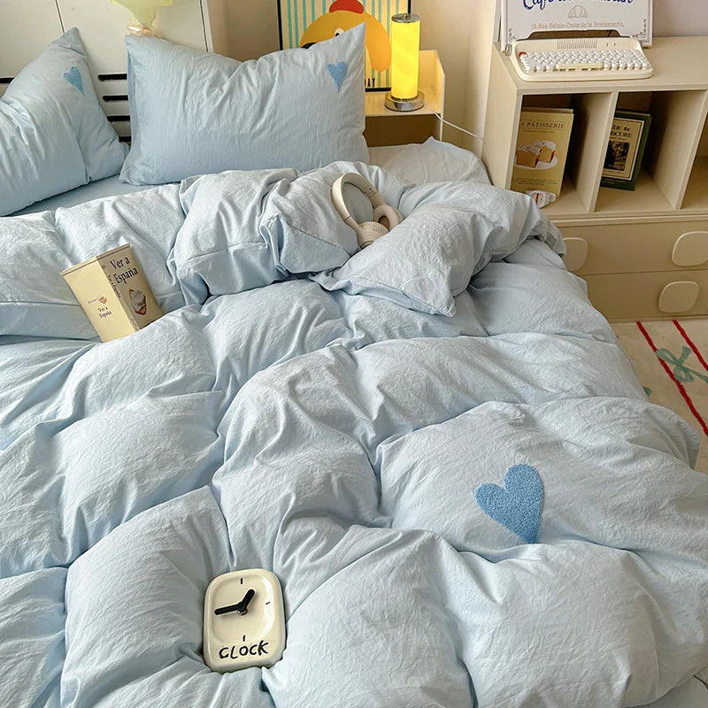 Rynx | Sweet Blue Heart Bedding Set in Nordic Embroidery Bed Sheet Set of Four Pieces for Home Luxurious Duvet Cover Set for Girls