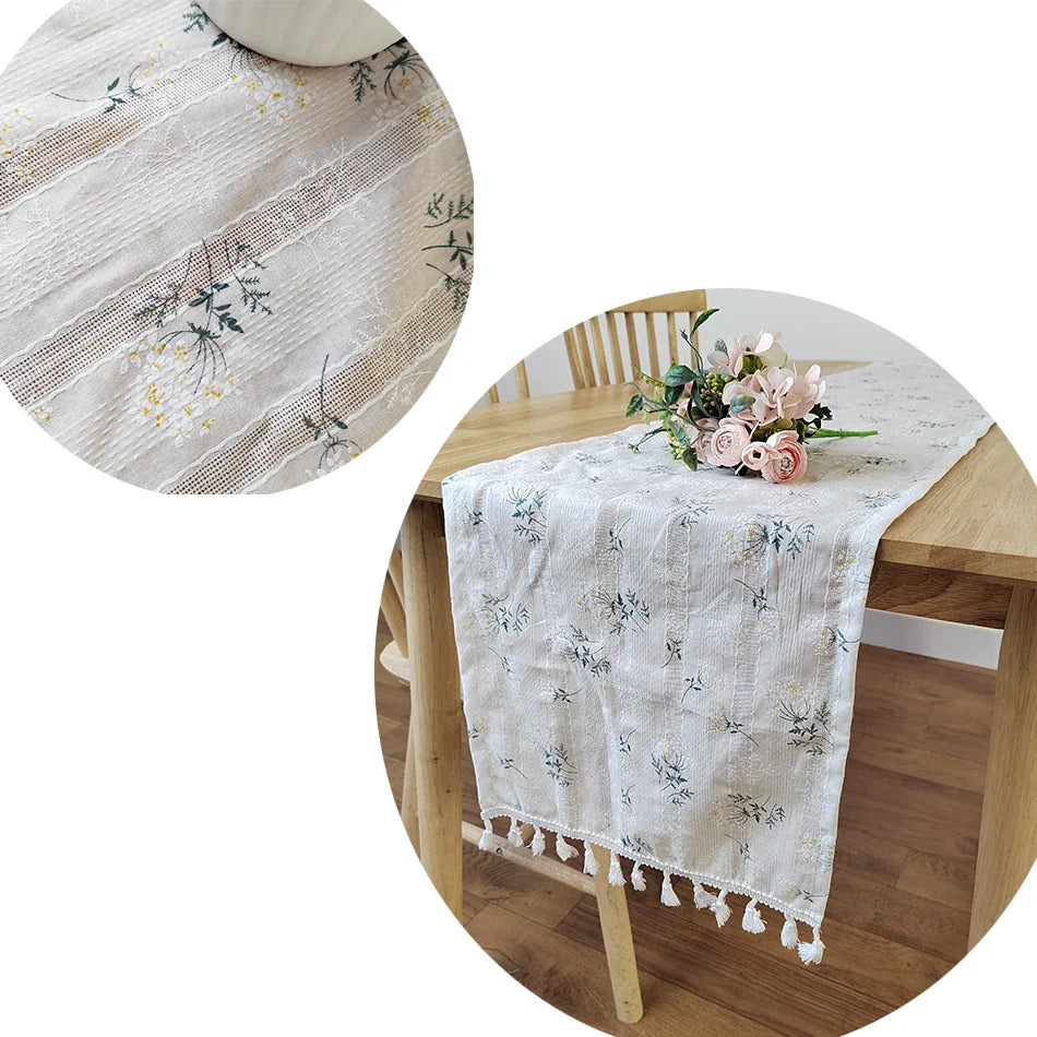 Rynx Korean Daisy Tassel Table Runner, Cotton Kitchen Table Cover Cloth Home Party Birthday Wedding Holiday Event Decoration