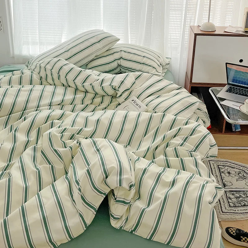 Rynx | Green Stripes Series Printed Soft Bedding Set Duvet Cover Bed Linen Bedspread Pillow Cases Twin Bed Sheets Comforter Sets for Girls