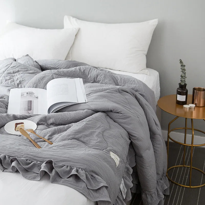 Rynx Summer Blanket Cool Blanket Korean Style Ruffle Spring Autumn Solid Color Air Conditioning Blanket, Blanket Cool Bedspread