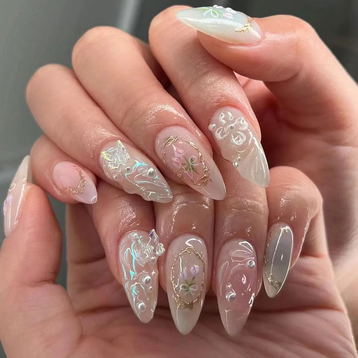 Rynx | Pink Rose Cherry Blossom Bow Hand-painted Pearl Rhinestone Artificial Nails Removable Ready-made Artificial Nails Press-on Nails with Glue