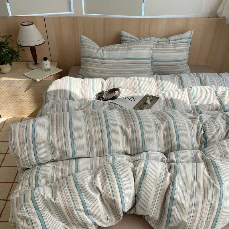 Rynx | 100% Cotton Soft Bedding Set Striped Print Duvet Cover with Pillowcase Bedding Bedspread Pillowcases Duvet Sets
