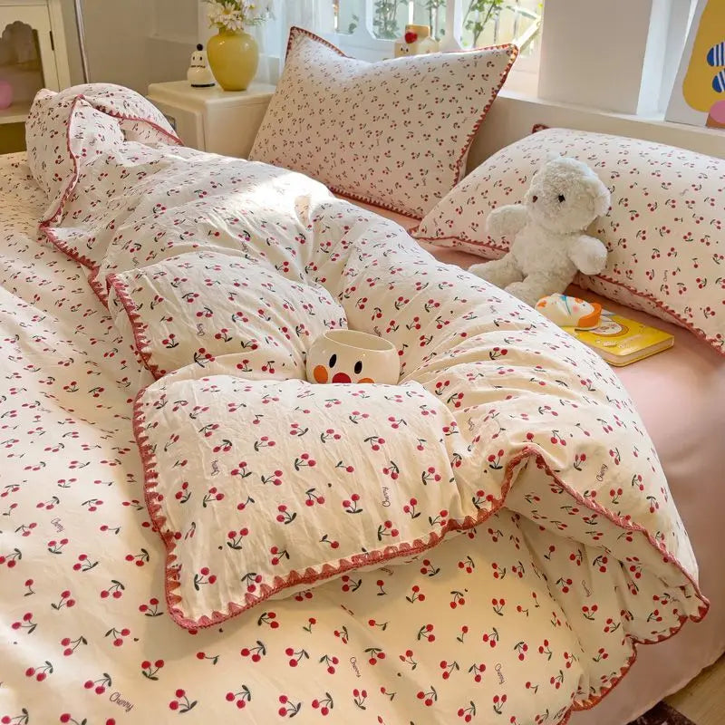 Rynx | In the Bedding Set Purple Love Stripes Double Layer Yarn Four-Piece Dorm Girl Heart Bed Sheet and Quilt Set Washed Cotton