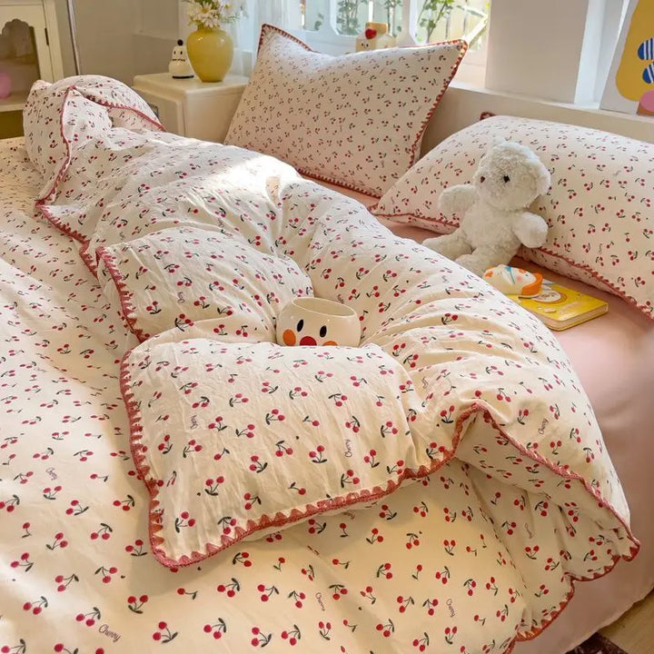Rynx | In the Bedding Set Purple Love Stripes Double Layer Yarn Four-Piece Dorm Girl Heart Bed Sheet and Quilt Set Washed Cotton