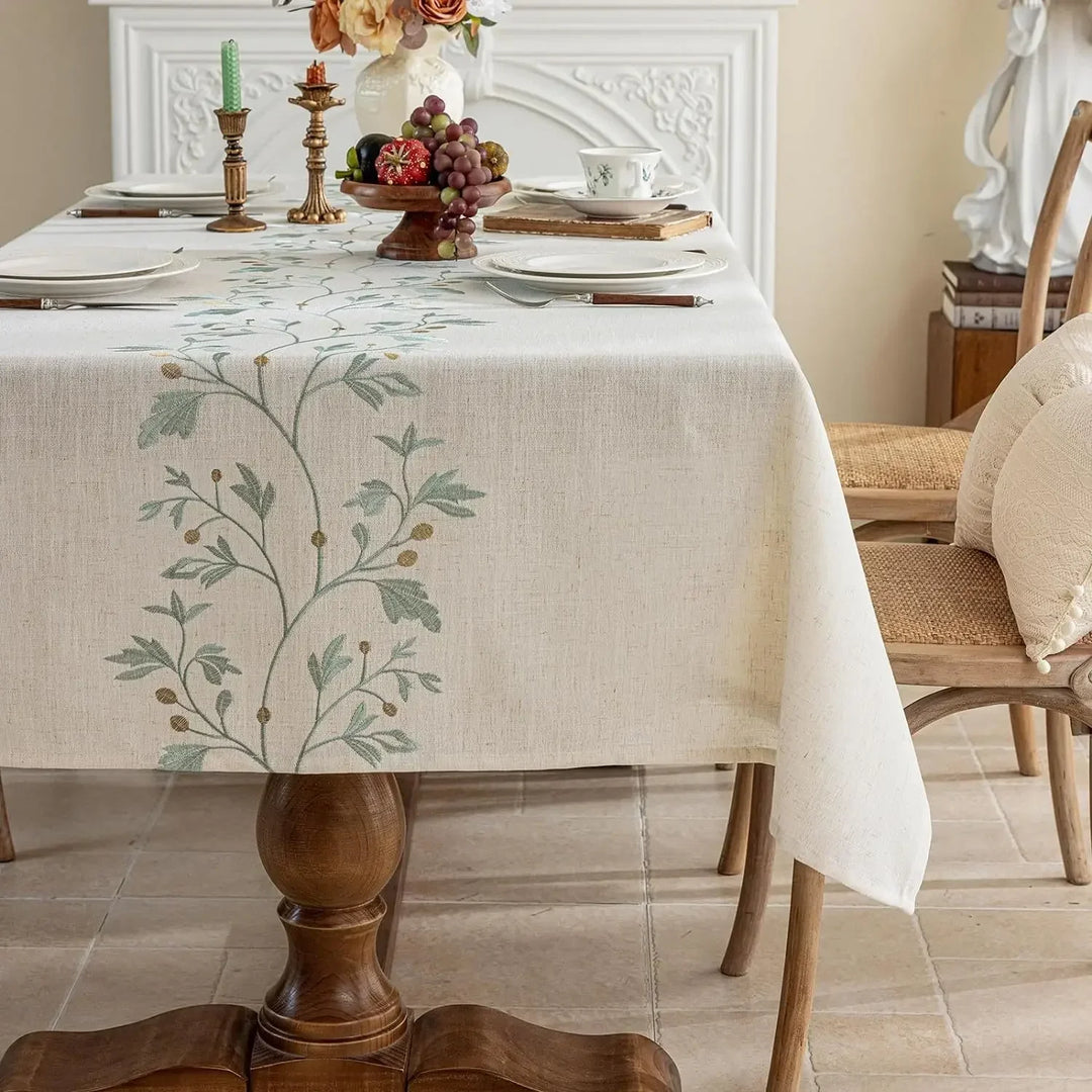 Rynx Embroidered Tablecloth, Cotton-Linen Simple Foldable Dustproof Tablecloth, for Kitchen Dining Room, Party, Birthday Table Decor