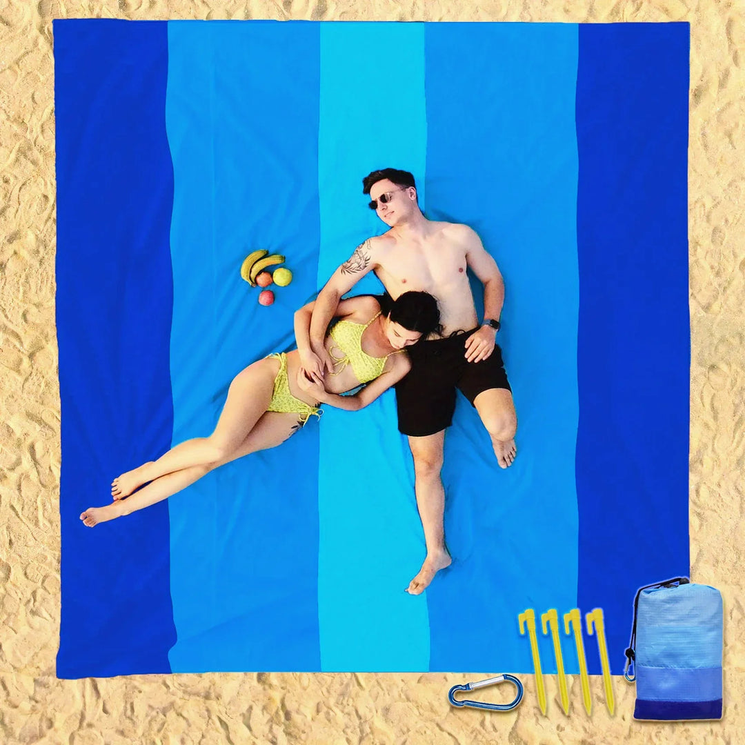 Rynx | Ocean blue striped waterproof & sand resistant beach mat for 1-3 people - perfect for outdoor picnics, travel, camping & hiking