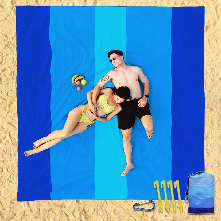 Rynx | Ocean blue striped waterproof & sand resistant beach mat for 1-3 people - perfect for outdoor picnics, travel, camping & hiking