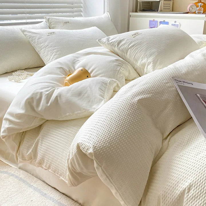 Rynx | Internet Celebrity Waffle Four-piece Set Washed Smooth Bedding Duvet Cover Fitted Sheet Bedding Contrast Color Dormitory Three Pi