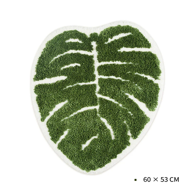 Rynx | Green Leaf Shape Palm Tree Tufted Carpet Soft Plush Rug Doormat Nightstand Rug Room Decoration Non-Slip Absorbent Bathroom Mat